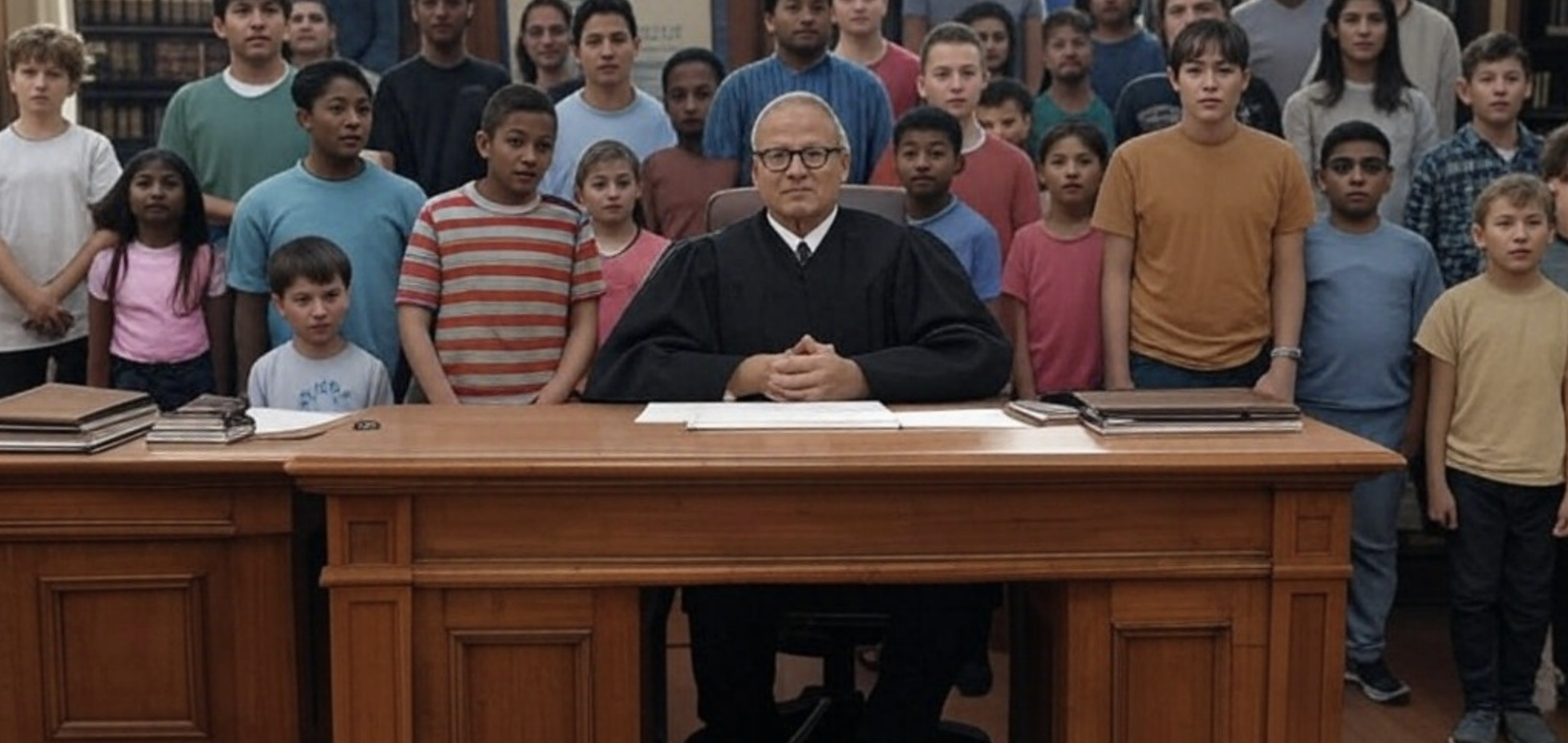 children and a judge in a courtroom