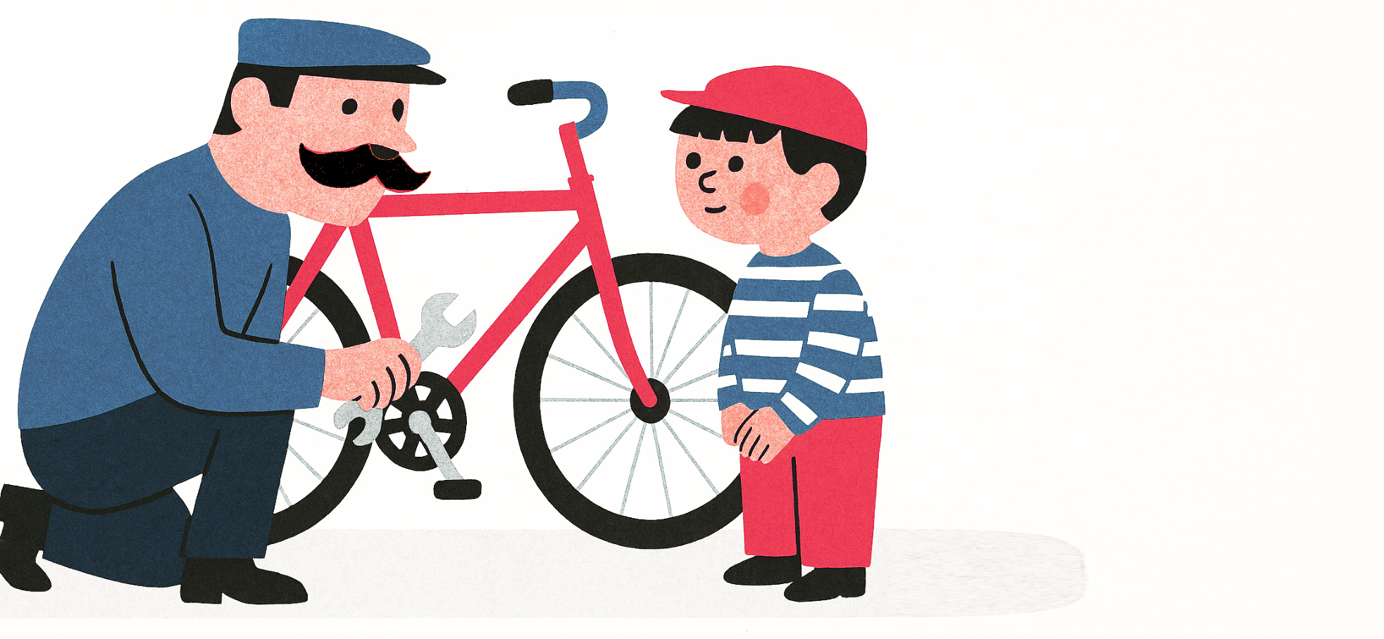 child and father with bicycle and spanner