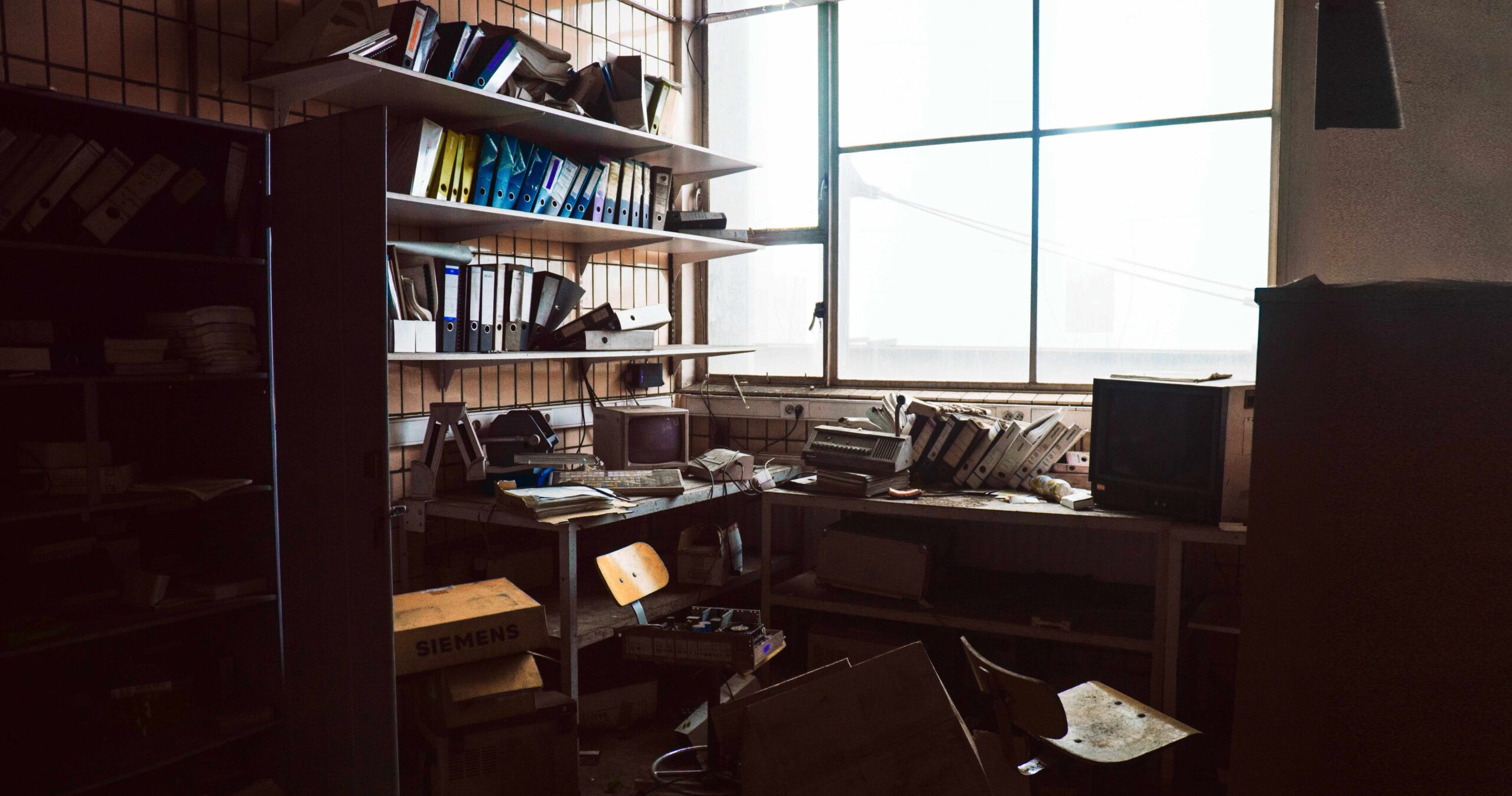 an untidy, cluttered office