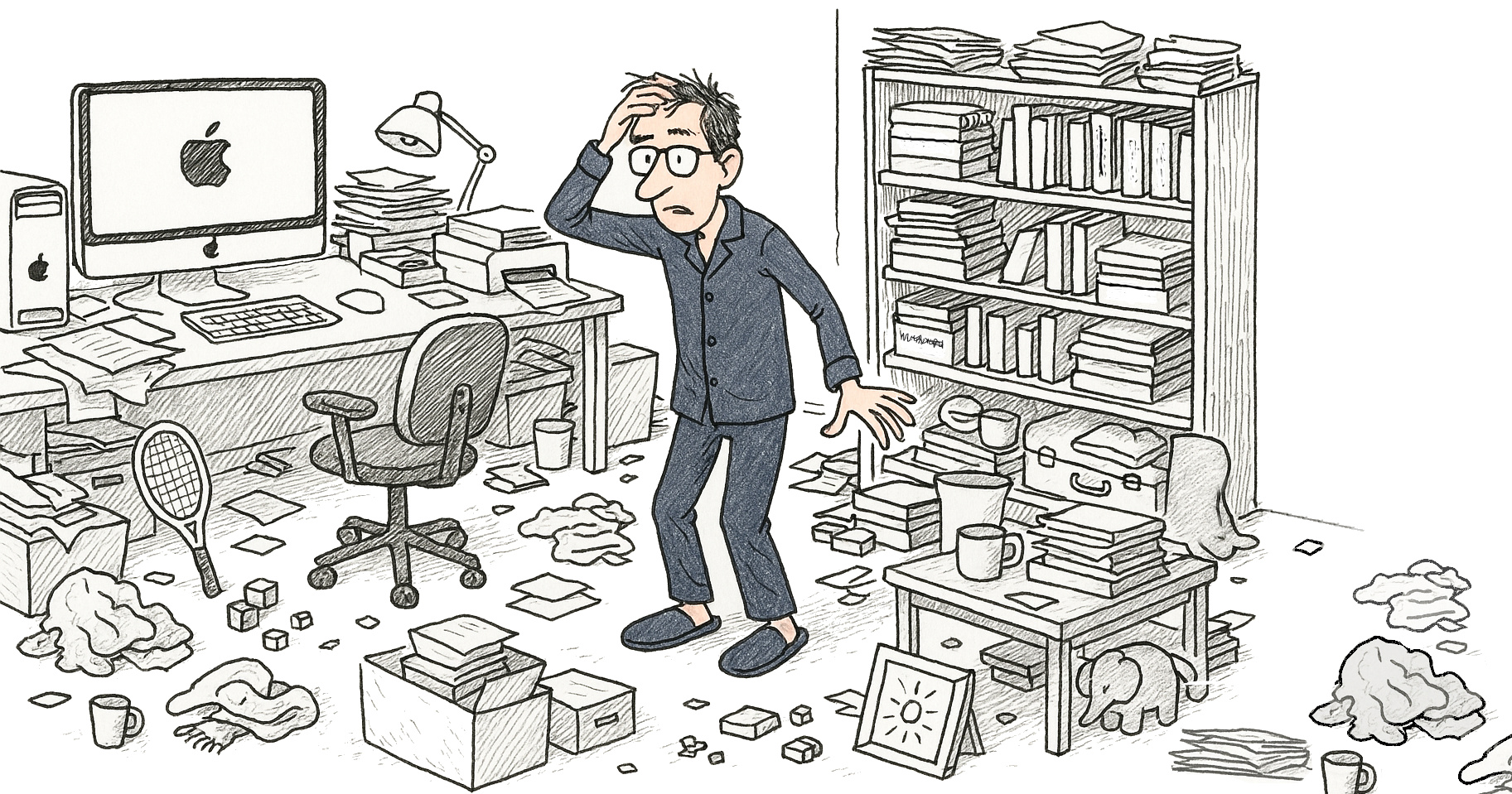 an untidy, cluttered office, with person