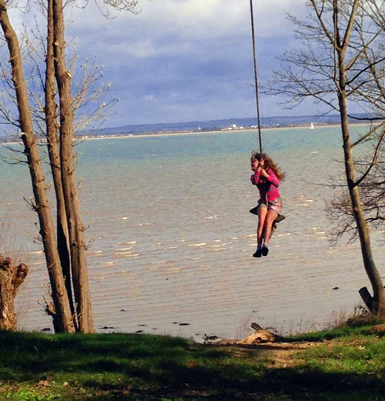 a child swinging on a rope hung from a tall tree, the beach and sea in the background