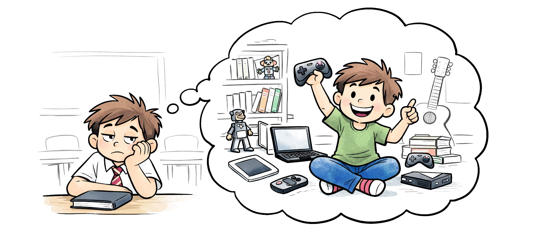 child bored in school, dreaming of being free