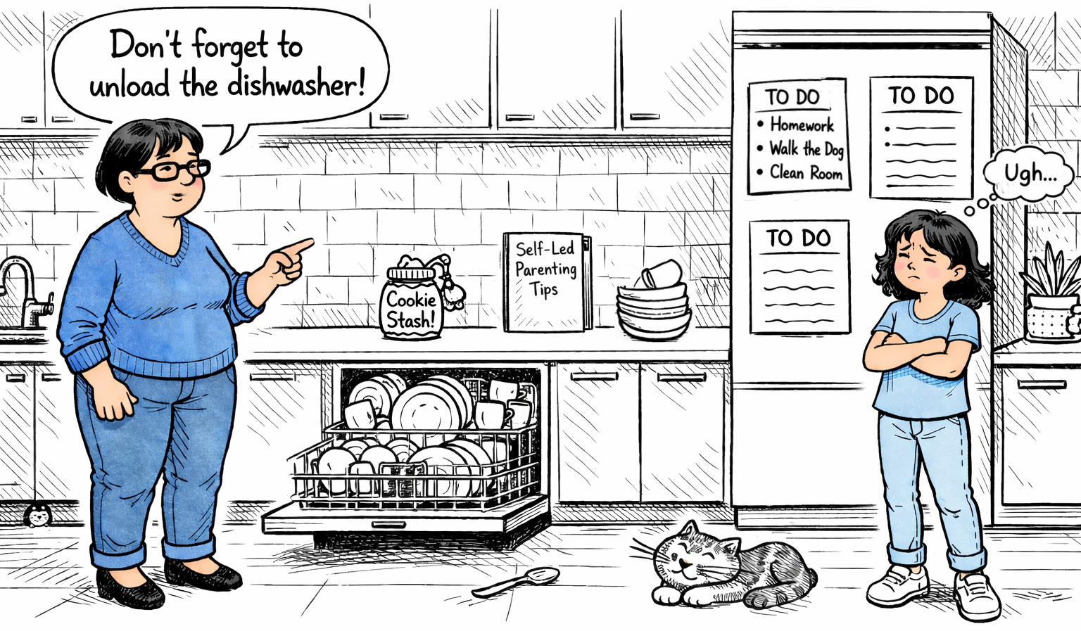 parent telling child to unload the dishwasher