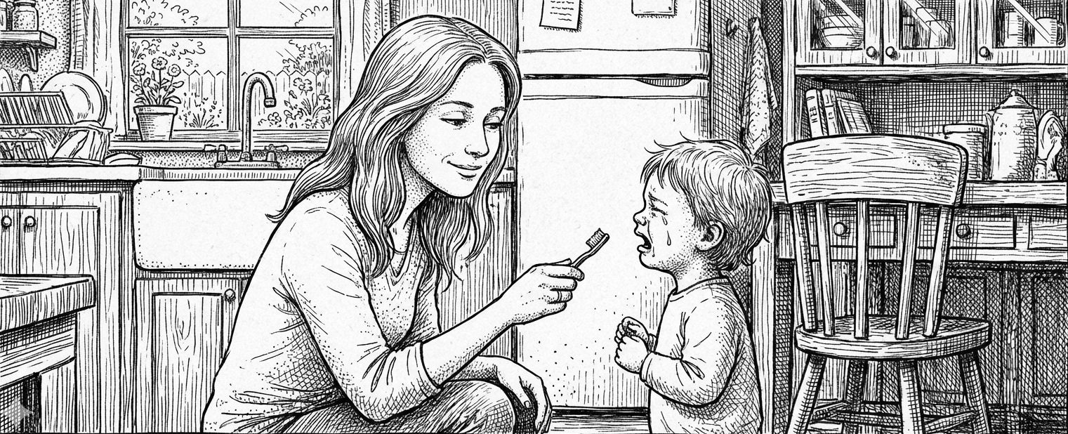 mother holding toothbrush out to crying child